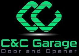 Logo for C&C Garage Door and Opener with green letters on a black background.