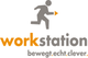 Logo mit laufender Figur, Schriftzug "workstation" und Slogan "bewegt.echt.clever."