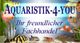 Fische umgeben den Text "Aquaristik-4-You, Ihr freundlicher Fachhandel" auf blauem Hintergrund.