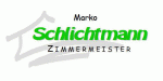 Logo mit Text: "Marko Schlichtmann Zimmermeister" und einem stilisierten Haus im Hintergrund.