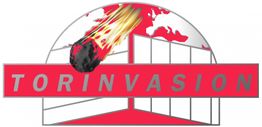 Logo mit einem Meteor, der sich über einem Gebäude bewegt, und dem Text "TORINVASION".