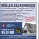 Werbung für Müller Bedachungen, zeigt Leistungen im Dachdeckerhandwerk und Energiebereiche.