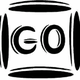 Schwarzes geometrisches Design, stilisierte Buchstaben "G" und "O", dekorative Rahmenlinien.