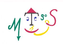 Bunte Linien und Buchstaben formen ein Gesicht mit einem roten Hut und einem grünen Pfeil.