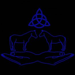 Zwei Pferde über offenen Händen und einem keltischen Knoten in blauem Neonstil vor schwarzem Hintergrund.