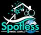 "Spotless Magic World logo with a house, bubbles, stars, and Earth theme on a black background."