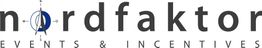 Logo von "Nordfaktor Events & Incentives" mit einem Kompass als Teil des Buchstabens "o".