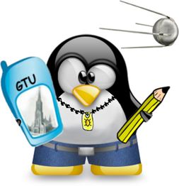 Pinguin mit gelbem Stift, GTU-Handy und Sputnik-Satellit im Hintergrund.