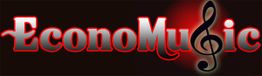 Texto "EconoMusic" en rojo con nota musical en fondo oscuro.