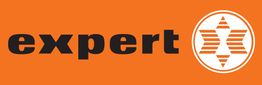Logotipo de "expert" negro sobre fondo naranja con un símbolo circular a la derecha.