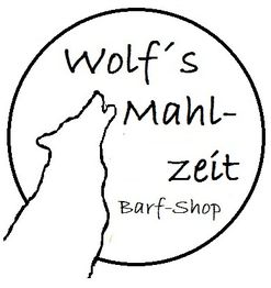 Logo: Silhouette eines heulenden Wolfes mit Text "Wolf's Mahlzeit, Barf-Shop" in Kreisform.