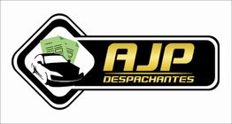 Logotipo AJP Despachantes em preto e dourado com ícone de carro e documentos.