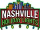 Nashville skyline with "Holiday Lights" text, adorned with colorful bulbs.