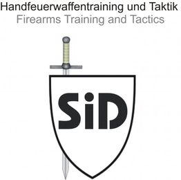 Ein Schwert und Schild mit "SiD". Text: "Handfeuerwaffentraining und Taktik".