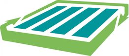 Grünes und blaues stilisiertes Symbol, das Recycling oder Nachhaltigkeit darstellt.