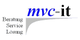 Logo mit blauem Text "mvc-it", daneben Wörtern "Beratung, Service, Lösung", graue Linie darunter.