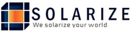Logo mit der Aufschrift "SOLARIZE" und dem Slogan "We solarize your world", Solarzellenmotiv.