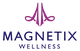 Logo von Magnetix Wellness, mit lila Symbol und blauer Schrift.