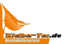 Logo mit Vogelgrafik, Text: "Kleiber-Tec.de, Berufskletterservice" in Orange und Schwarz.