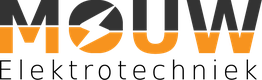 Logo met tekst "MOUW" in zwart en oranje, met een bliksemschicht in de letter "O".