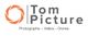 Logo "Tom Picture", texte avec symbole d'objectif, "Photographe - Vidéos - Drones" en dessous.