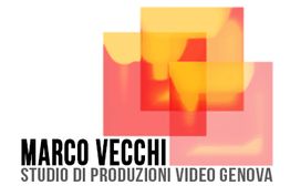 Logo Marco Vecchi, studio di produzioni video Genova, con forme geometriche rosse e gialle.
