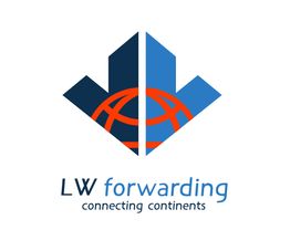 Logotipo con el texto "LW forwarding, connecting continents" y diseño geométrico azul y rojo.