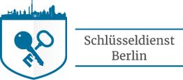 Wappen mit Schlüssel; daneben der Text "Schlüsseldienst Berlin" in Blau. Skyline im Hintergrund.