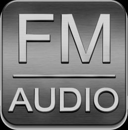 Metallisches Logo mit der Aufschrift "FM AUDIO" in großen Buchstaben.