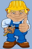 Cartoon-Bauarbeiter mit Helm und Werkzeug zeigt Daumen hoch, lächelt.
