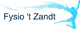Logo van Fysio 't Zandt met silhouet van een springende figuur en blauwe penseelstreek.
