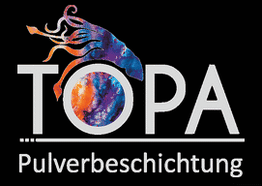 Logo mit bunter Dekoration, Text "TOPA Pulverbeschichtung" auf schwarzem Hintergrund.