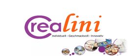 Logo von "crealini" mit Slogan: Individuell, Geschmackvoll, Innovativ. Kreise mit Bildern.