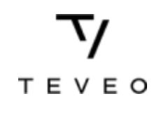 Schwarzes TEVEO-Logo auf weißem Hintergrund mit stilisiertem Symbol darüber.