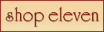 Beigefarbenes Logo mit rotem Text "shop eleven".
