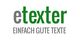 Logo mit Text: "etexter" in Grün und Grau, darunter "EINFACH GUTE TEXTE".