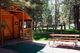 Log cabin with porch beside a red picnic table in a forested park area.