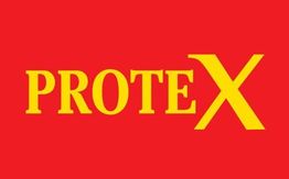 Texto "PROTEX" en amarillo sobre fondo rojo brillante.