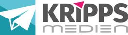 Logo mit Papierflieger und Schriftzug "KRIPPS MEDIEN" in Grau und Türkis.