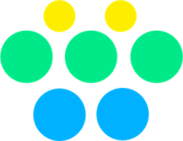 Sept cercles colorés en triangle: jaunes, verts et bleus.