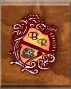 Wappen mit Buchstaben "B", "R" und einer Ratte in einem verzierten Rahmen auf braunem Hintergrund.