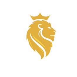 Golden lion head with a crown on a white background.