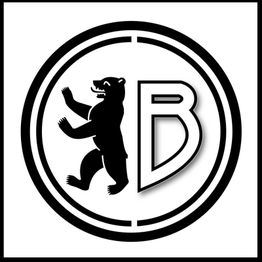 Ein stilisierter Bär neben einem "B" in einem Kreis, schwarz auf weißem Hintergrund.