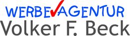 Logo mit Text "WERBEAGENTUR Volker F. Beck", blauer und grauer Schrift, rotes Häkchen bei "A".