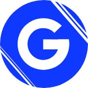 Blue circular design with a bold white letter "G" encircled by white diagonal lines.