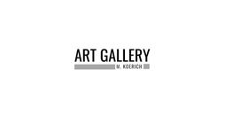 Logo com texto "Art Gallery M. Koerich" em preto e cinza, fundo branco minimalista.