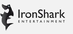 Logo mit schwarzem Hai und Text "IronShark Entertainment" auf weißem Hintergrund.