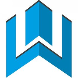 Blaues, stilisiertes "W"-Logo mit schwarzem Rand auf weißem Hintergrund.