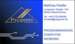 Visitenkarte von Psygonis: Mathias Fiedler, Programmierung, Computer, Werbung, Kontaktinformationen.