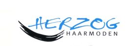 Logo mit blauem Schriftzug "HERZOG" und darunter schwarzer Text "HAARMODEN", geschwungene Linie.